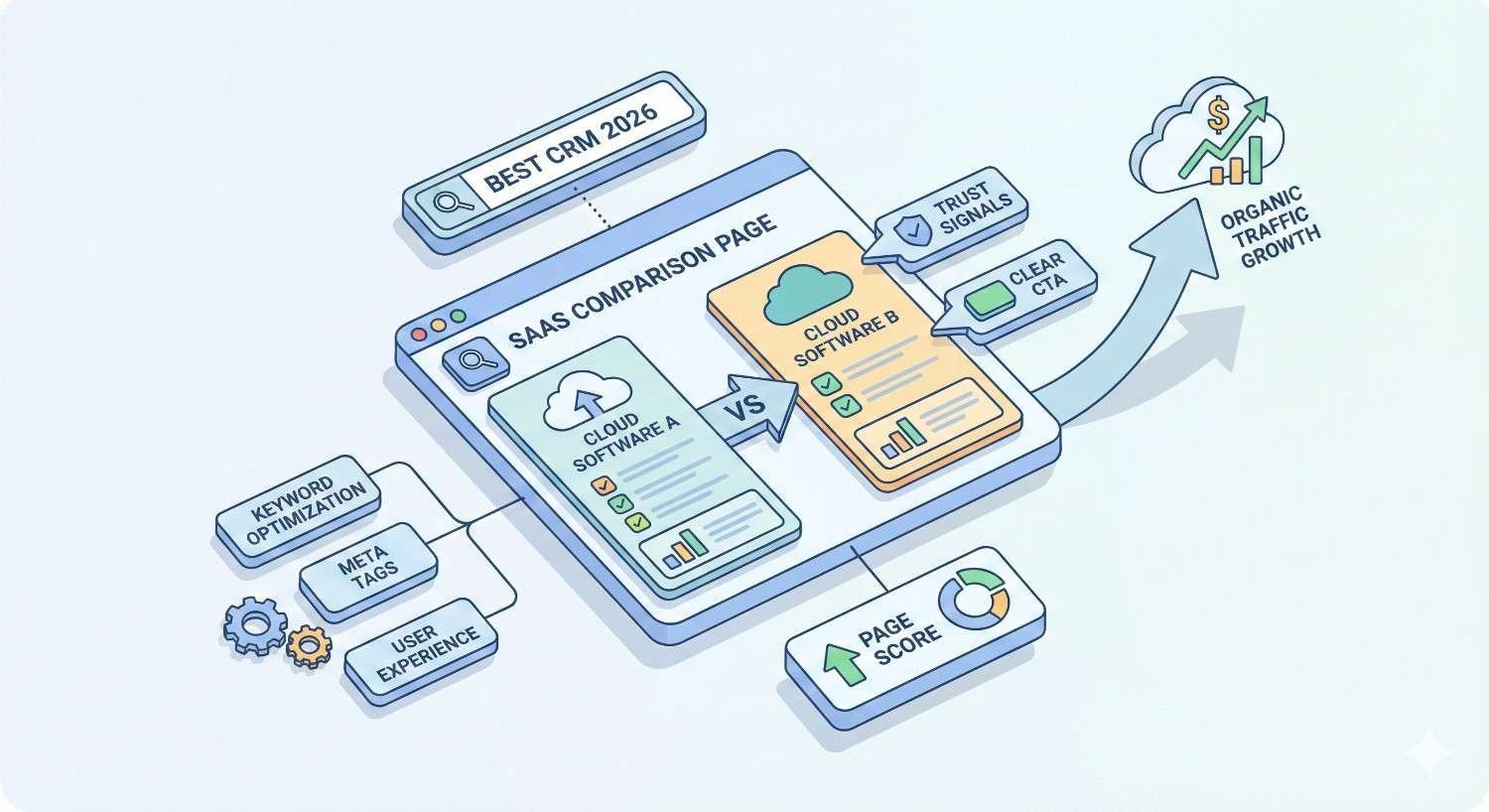 An isometric illustration of a SaaS comparison page for “Best CRM 2026,” showing Cloud Software A versus B. Visual elements highlight keyword optimization, meta tags, user experience, trust signals, clear CTAs, page score, and organic traffic growth through SEO-driven comparisons.