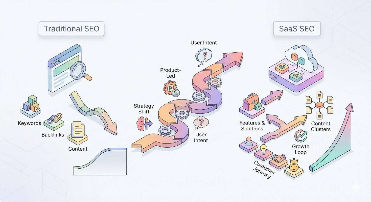 Side-by-side diagram comparing traditional SEO and SaaS SEO: traditional SEO focuses on keywords, backlinks, and content with linear growth, while SaaS SEO emphasizes user intent, product-led strategy, features and solutions, content clusters, customer journey, growth loops, and scalable organic growth.