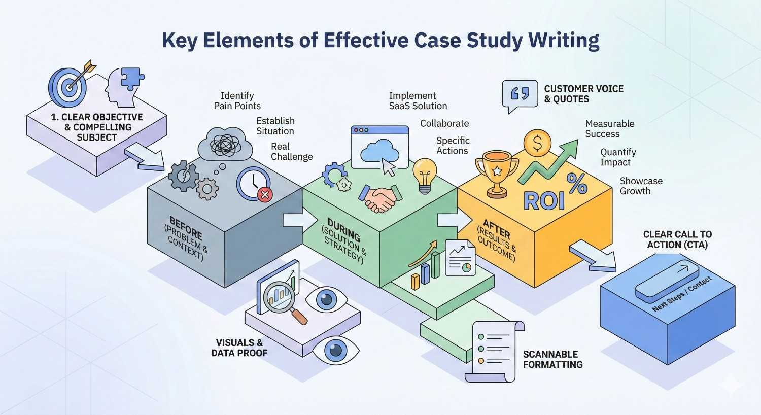 An infographic titled “Key Elements of Effective Case Study Writing” shows a before-during-after flow: defining objectives, identifying problems, implementing a SaaS solution, and highlighting ROI, quotes, visuals, scannable formatting, measurable success, and a clear call to action.