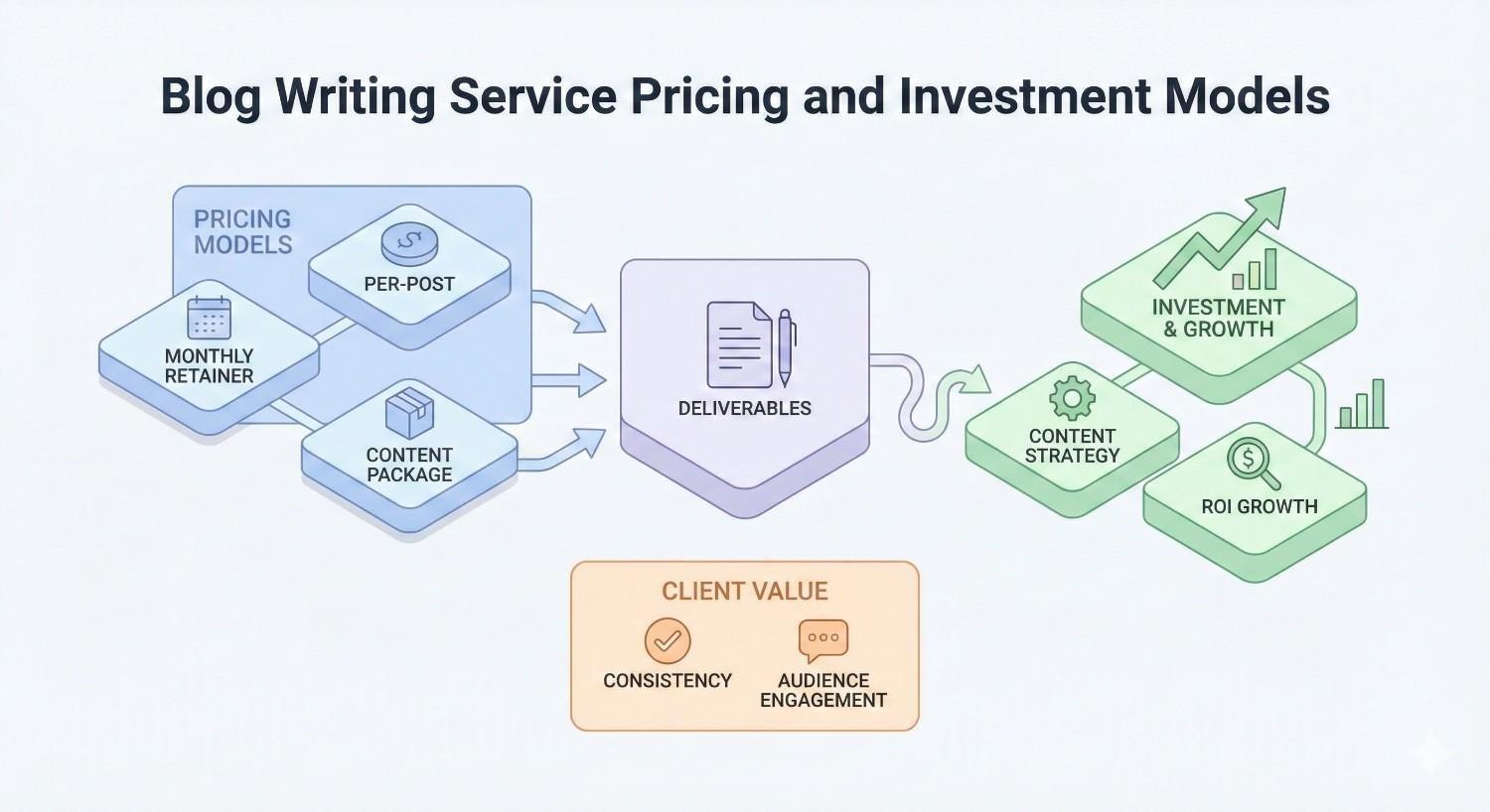 Infographic titled “Blog Writing Service Pricing and Investment Models” showing pricing options like monthly retainer, per-post, and content packages feeding into deliverables, content strategy, ROI growth, investment and growth, and client value such as consistency and audience engagement.
