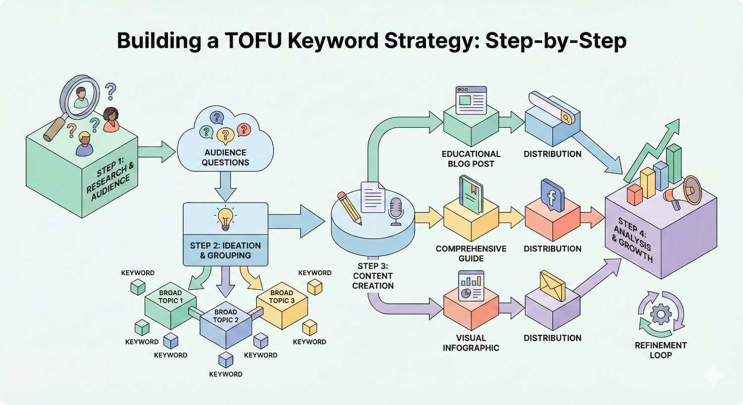 Isometric step-by-step diagram for building a top-of-funnel keyword strategy, showing audience research, question analysis, keyword ideation, content creation across blogs, guides, and infographics, followed by distribution, performance analysis, growth tracking, and continuous refinement for SEO-driven awareness and traffic growth.