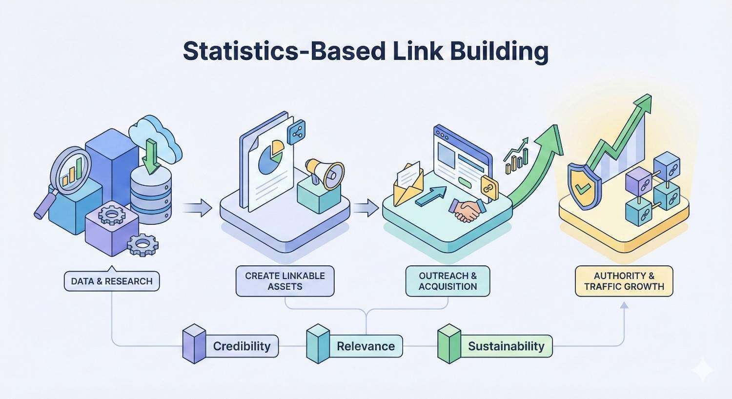 Infographic titled “Statistics-Based Link Building” showing a step-by-step process: data and research, creating linkable assets, outreach and acquisition, and authority and traffic growth. Supporting elements highlight credibility, relevance, and sustainability as foundations for successful SEO and backlink strategy.