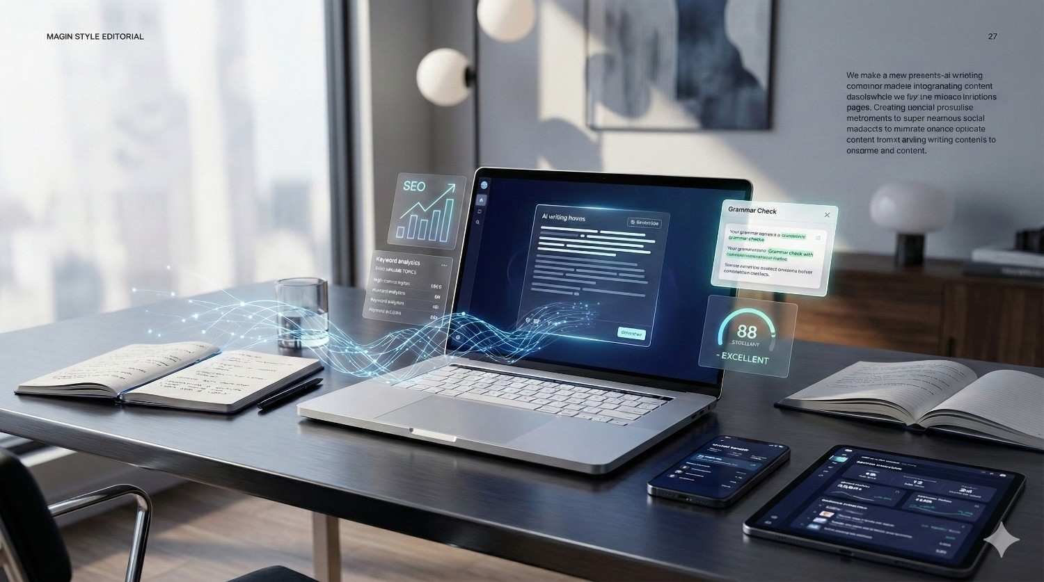 A modern desk scene shows a laptop with AI writing and grammar check panels, SEO metrics, and a high content score overlay, surrounded by notebooks, a phone, and tablet, with glowing data lines floating between devices in a stylish home office setting.
