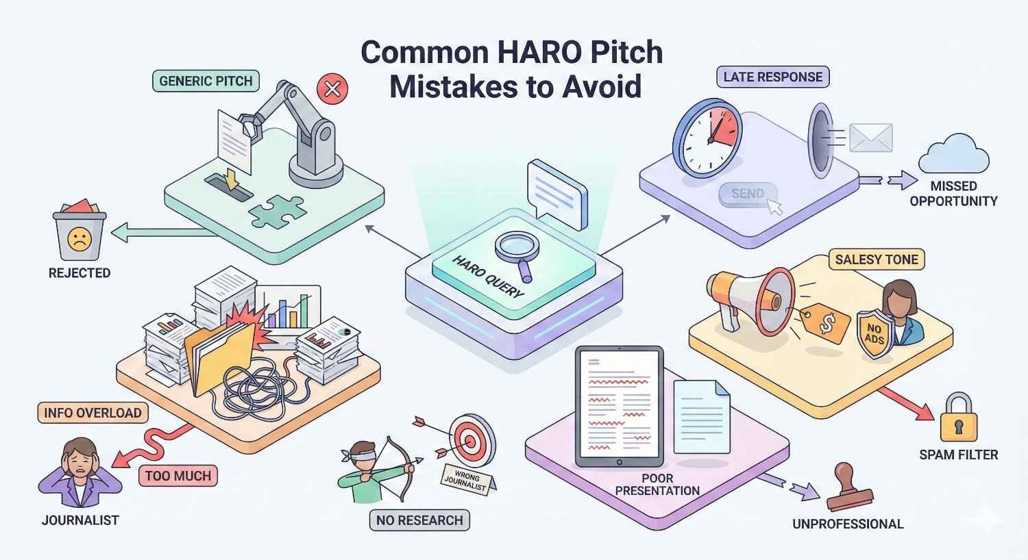 Infographic titled “Common HARO Pitch Mistakes to Avoid.” It highlights errors like generic pitches, late responses, salesy tone, information overload, no research, and poor presentation. Icons show rejected submissions, missed opportunities, spam filters, and unprofessional results stemming from ineffective HARO outreach.