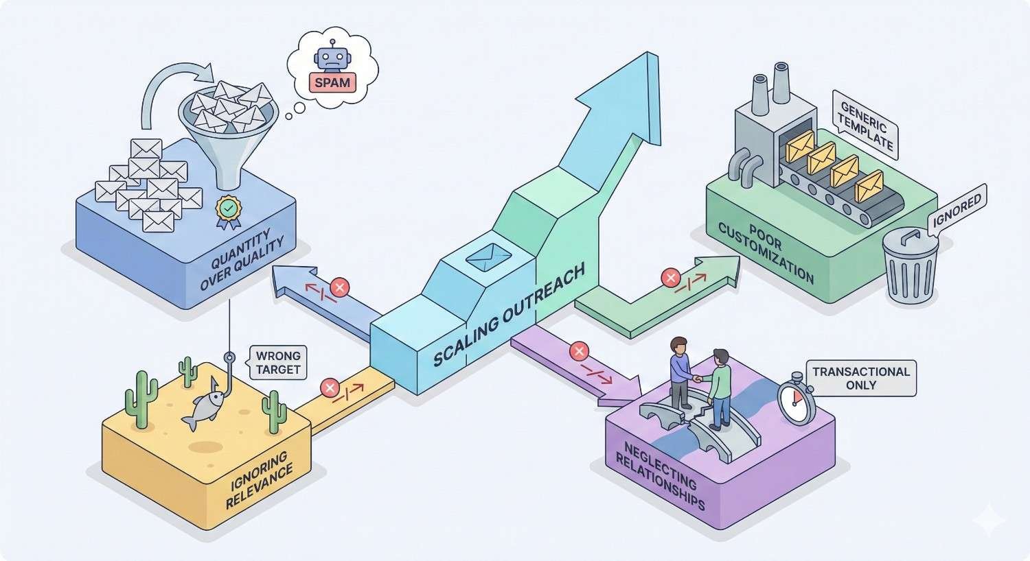 Infographic warning about scaling outreach mistakes: quantity over quality, ignoring relevance, poor customization, and neglecting relationships, leading to spam, wrong targets, ignored emails, and weak results, contrasted with a central “scaling outreach” path pointing upward for improvement.