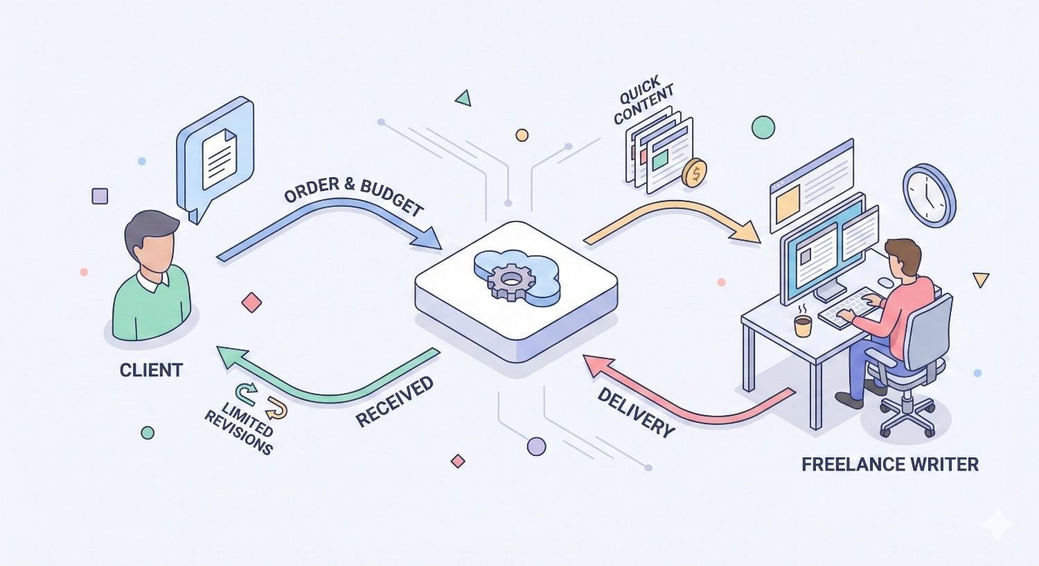 Infographic showing a client sending order and budget details to a central platform, which routes quick content to a freelance writer and delivers results back to the client with limited revisions, illustrated with arrows, icons, and desk scenes.