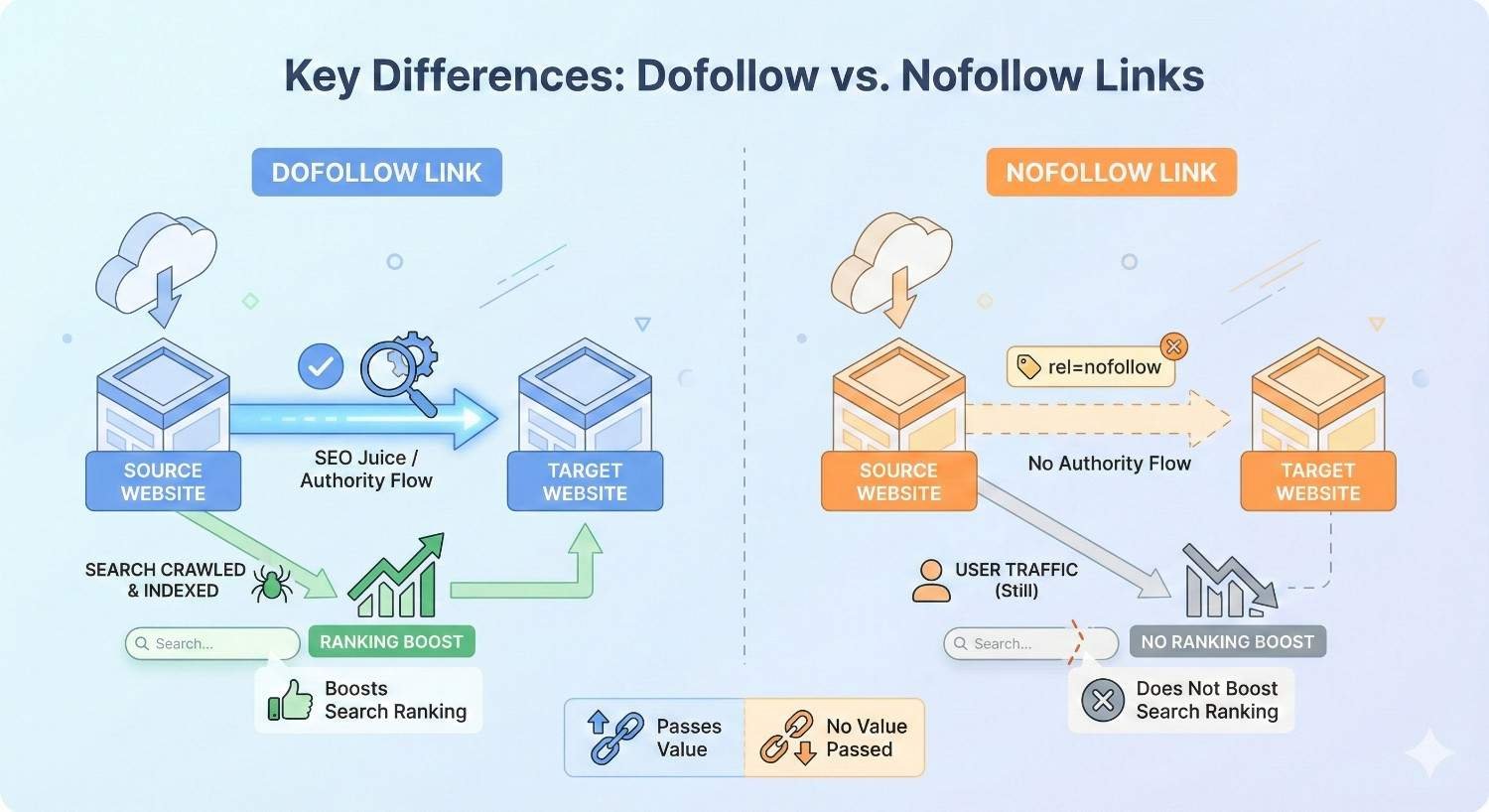Infographic titled “Key Differences: Dofollow vs. Nofollow Links” comparing how dofollow links pass SEO juice and authority to boost rankings, while nofollow links pass no value, provide only user traffic, and do not improve search ranking.