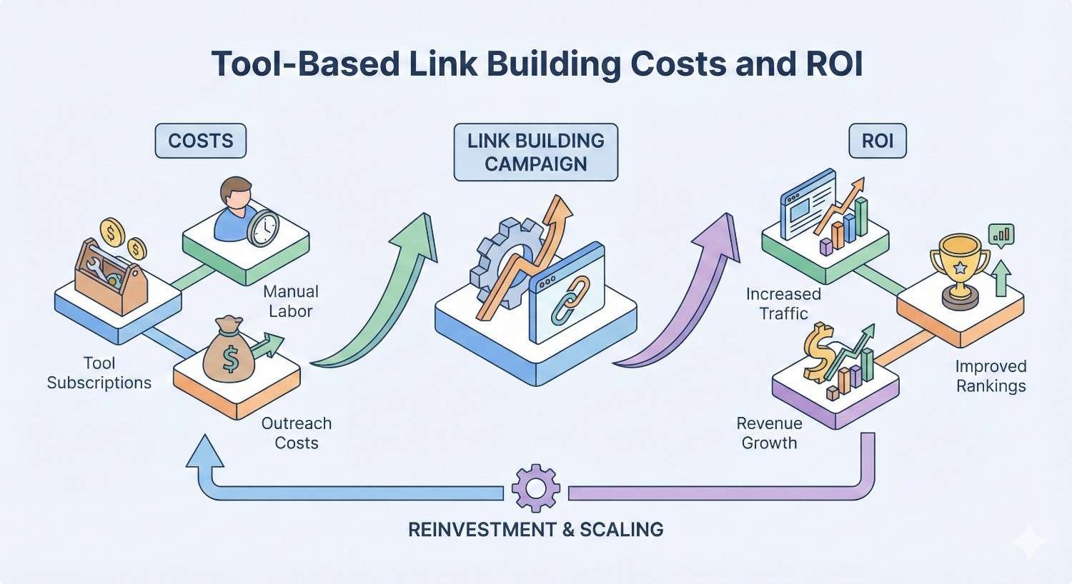 Infographic titled “Tool-Based Link Building Costs and ROI” showing costs like tool subscriptions, manual labor, and outreach feeding into a link building campaign, resulting in increased traffic, improved rankings, revenue growth, and reinvestment for scaling.