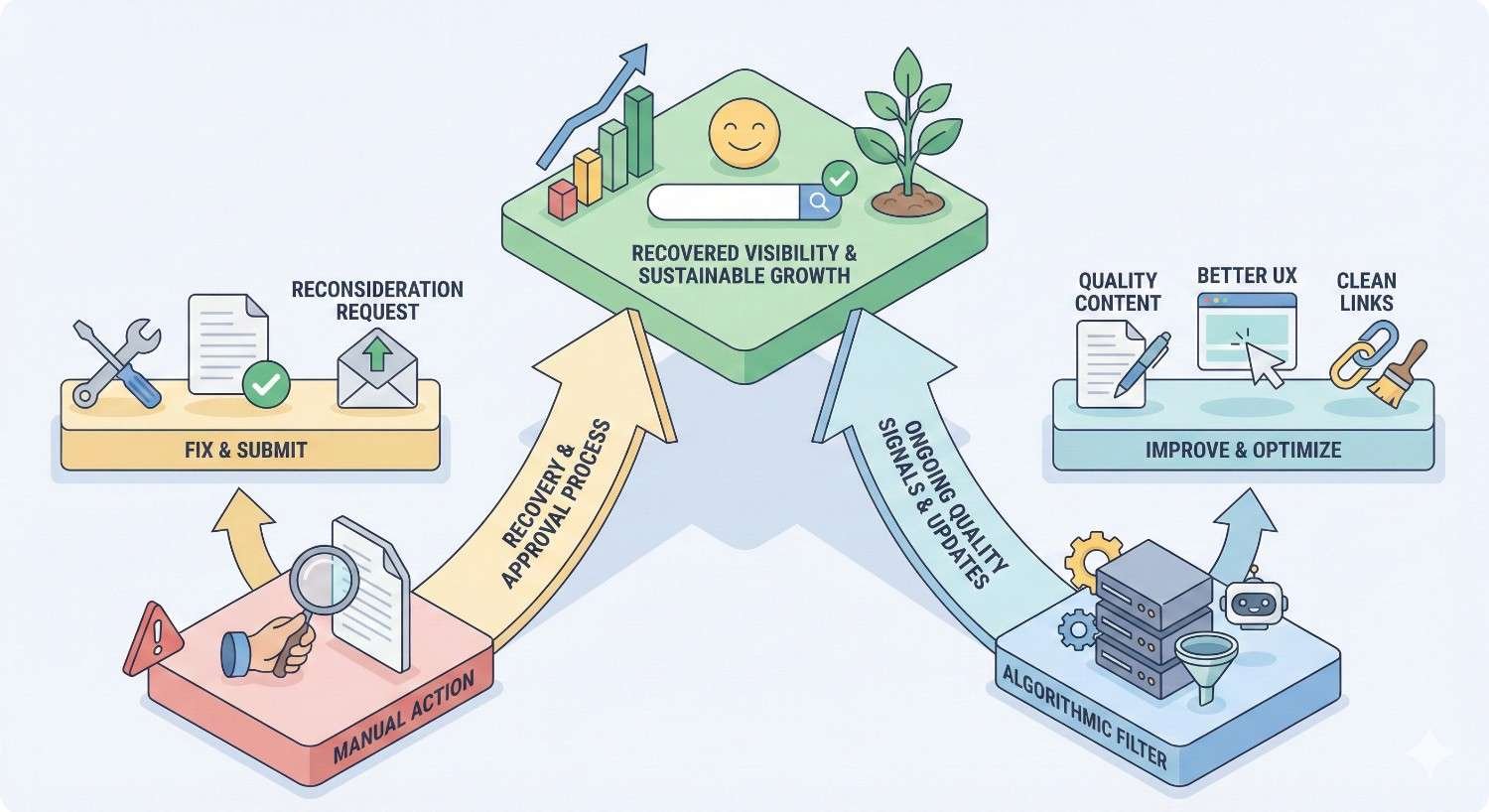 Infographic showing SEO recovery workflow: fixing issues and submitting reconsideration requests, manual review, algorithmic filtering, and ongoing optimization with quality content, UX, and clean links, leading to recovered visibility and sustainable growth illustrated by charts, plants, and upward arrows.