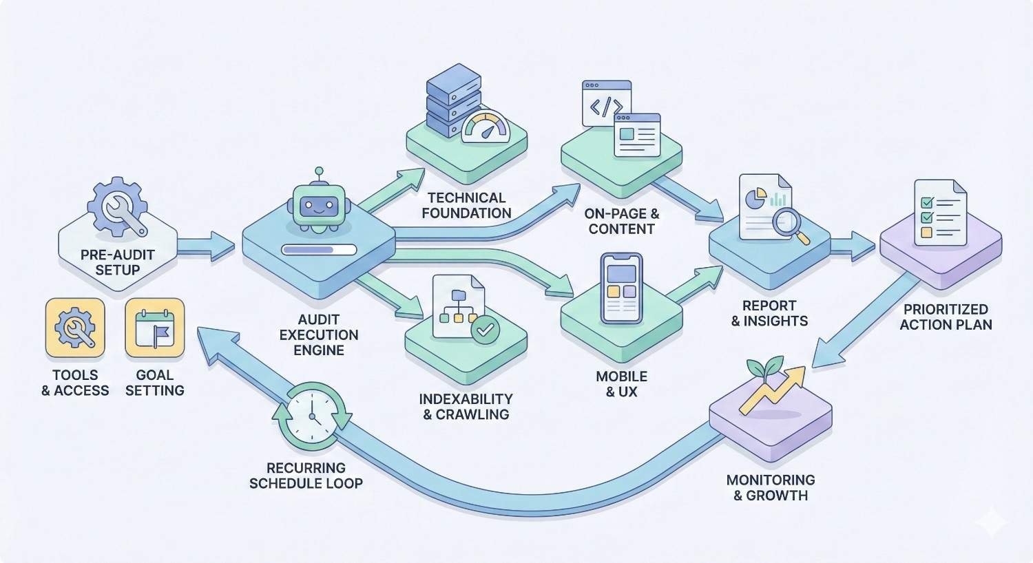 Flowchart illustrating a technical SEO audit process, from pre-audit setup and goal setting through audit execution, technical foundation, indexability, on-page content, and mobile UX, leading to reports, prioritized action plans, ongoing monitoring, and recurring optimization cycles.