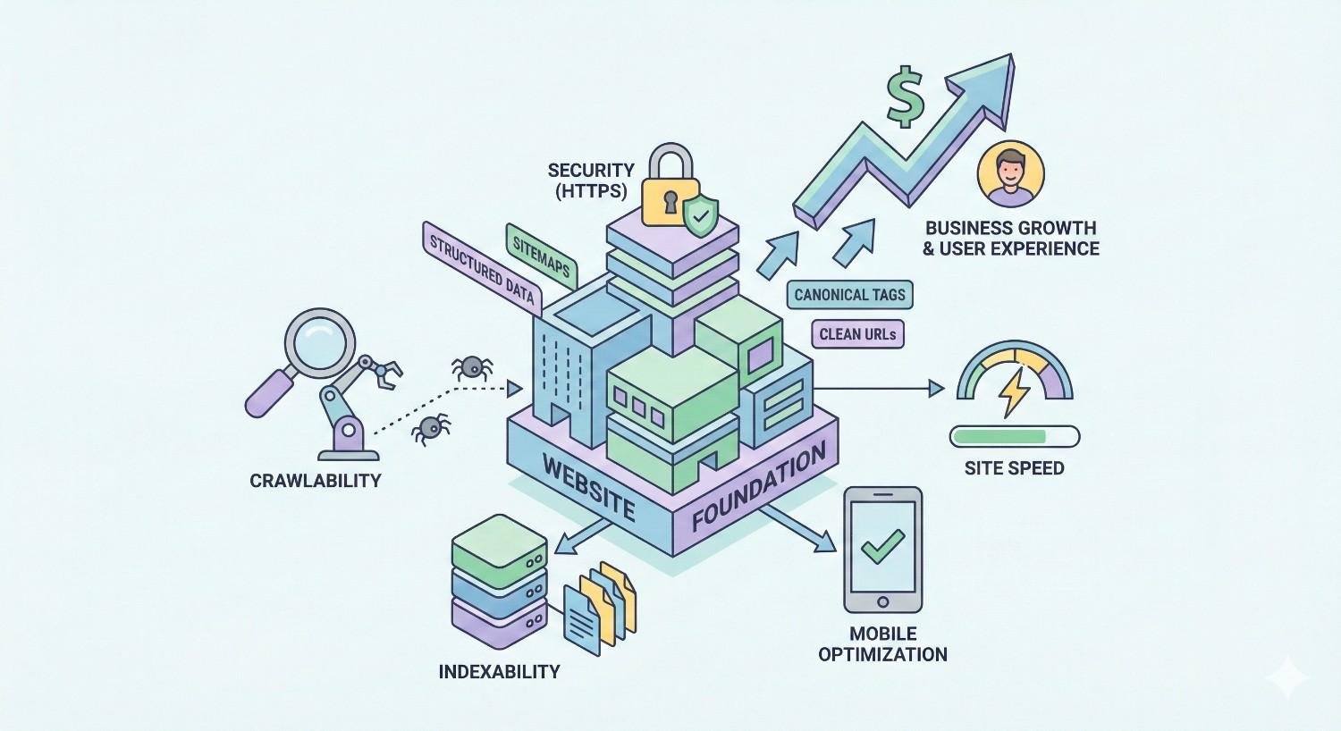 Isometric illustration of a technical SEO website foundation, showing crawlability, indexability, structured data, sitemaps, HTTPS security, clean URLs, canonical tags, site speed, and mobile optimization, all contributing to improved user experience, higher visibility, and business growth.