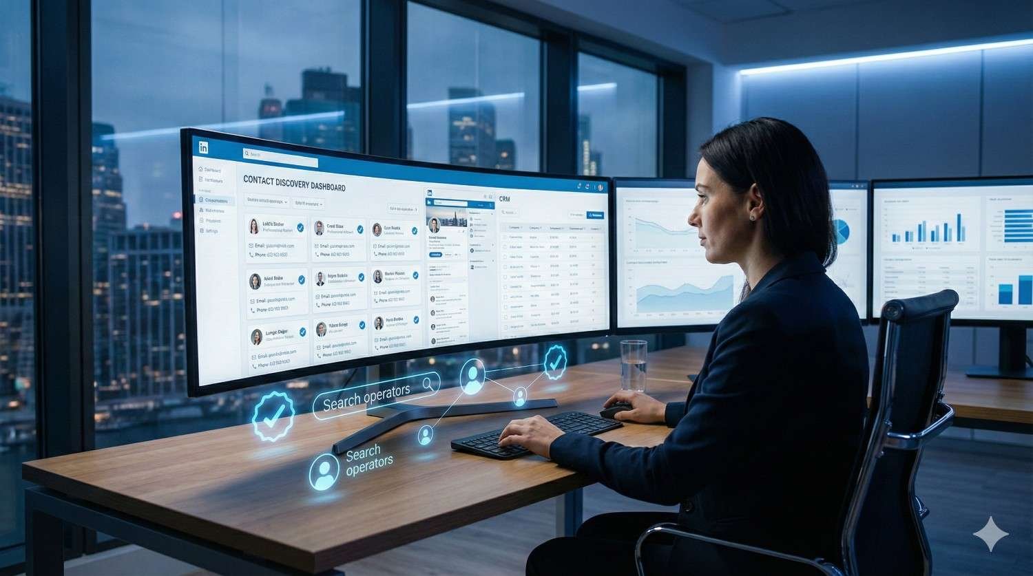 Woman working at a desk with an ultrawide monitor showing a contact discovery dashboard, CRM lists, and analytics charts, with glowing search operator icons floating near the keyboard and a city skyline visible through office windows at night.