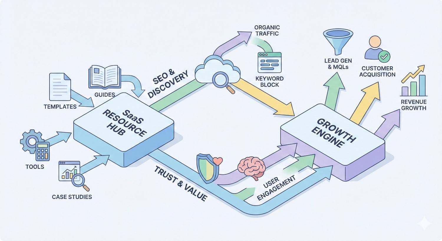 Isometric illustration showing a SaaS resource hub driving business growth. Templates, guides, tools, and case studies feed SEO discovery and organic traffic. Arrows connect trust, user engagement, lead generation, customer acquisition, and revenue growth through a central growth engine