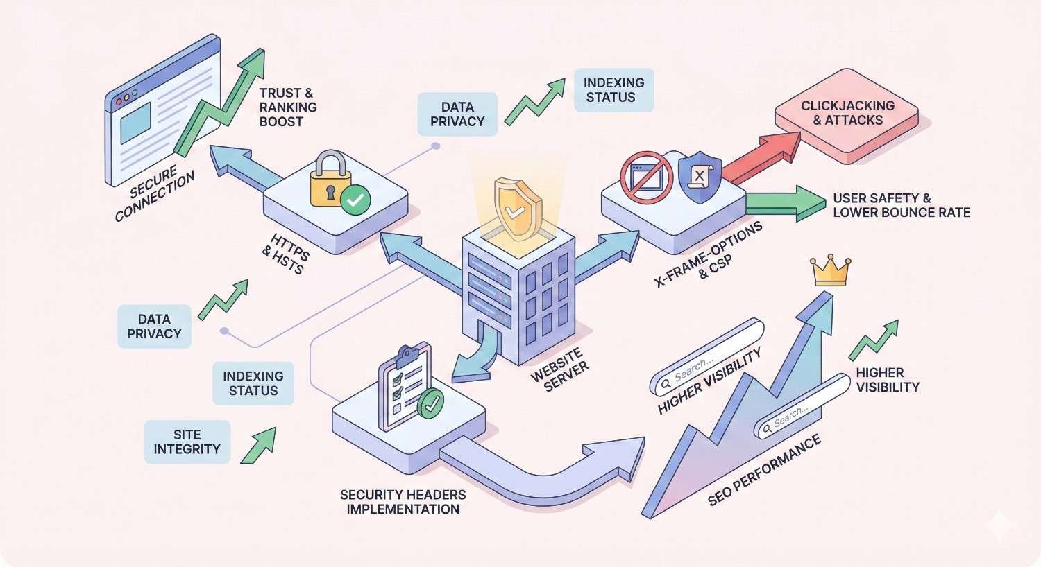 Infographic showing security headers implementation on a website server. Highlights HTTPS and HSTS for secure connection, X-Frame-Options and CSP preventing clickjacking, improved data privacy, indexing status, user safety, lower bounce rate, and increased visibility, trust, rankings, and overall SEO performance.