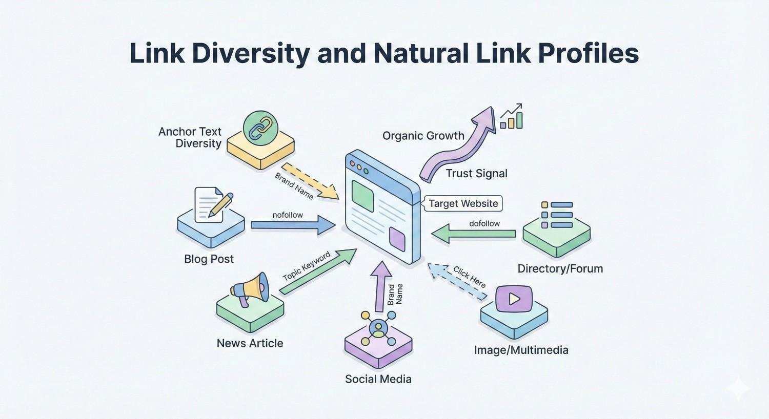 Infographic titled “Link Diversity and Natural Link Profiles” showing varied backlink sources—blog posts, news articles, directories, social media, and multimedia—using different anchor texts and nofollow/dofollow links. Arrows point to a target website, illustrating trust signals and organic growth through a balanced, natural link profile.