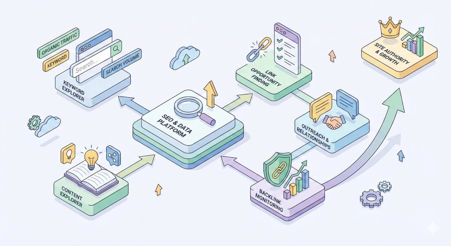 Isometric illustration of an SEO data platform connecting keyword research, content exploration, link opportunity finding, outreach relationships, and backlink monitoring, with arrows leading to rising site authority and growth, represented by a crown and upward graph icons in a clean, pastel-colored interface.