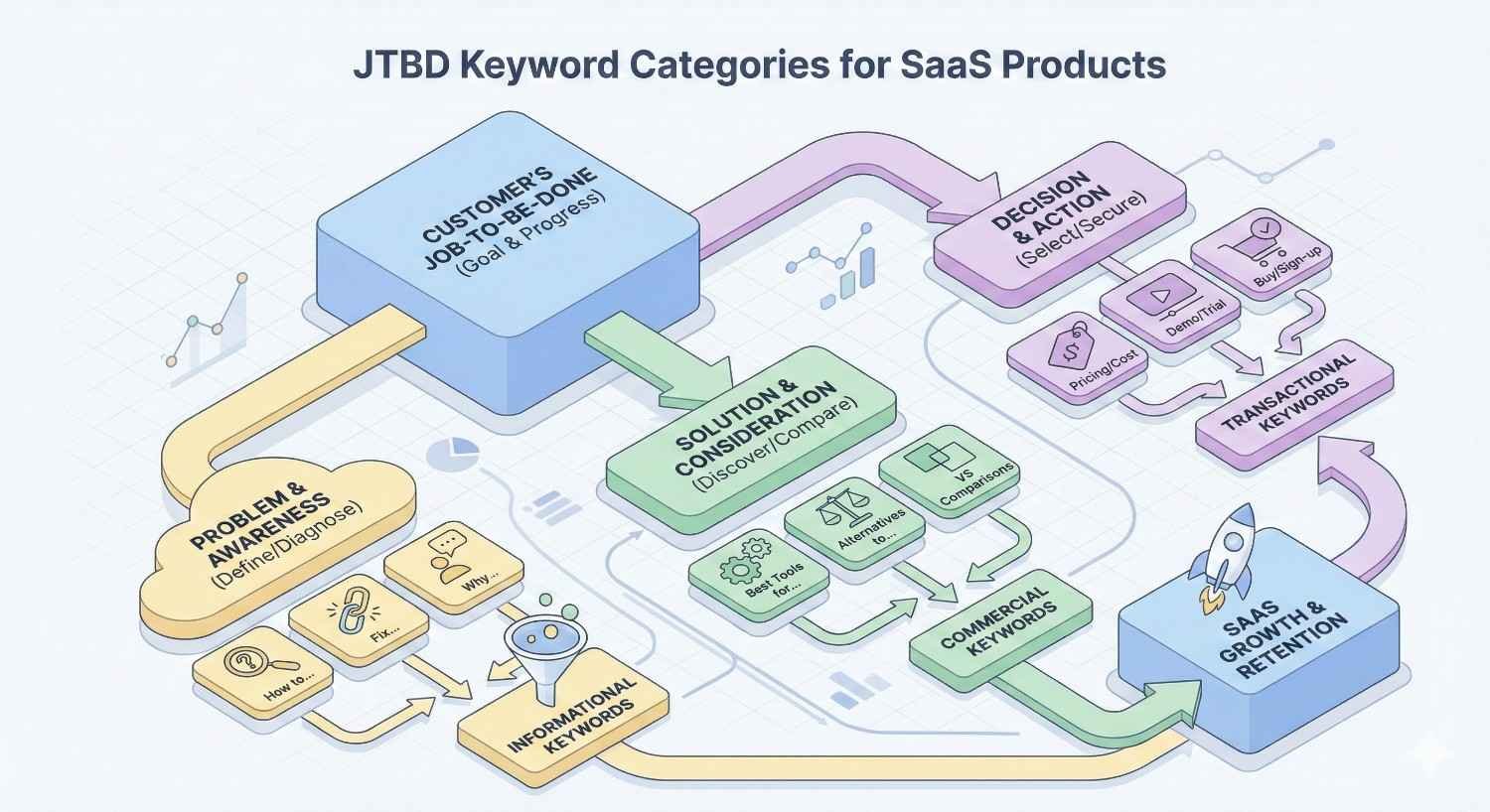 An isometric diagram illustrating JTBD keyword categories for SaaS. It maps customer jobs from problem awareness through solution consideration to decision and action, linking informational, commercial, and transactional keywords to SaaS growth, conversion, and long-term retention.