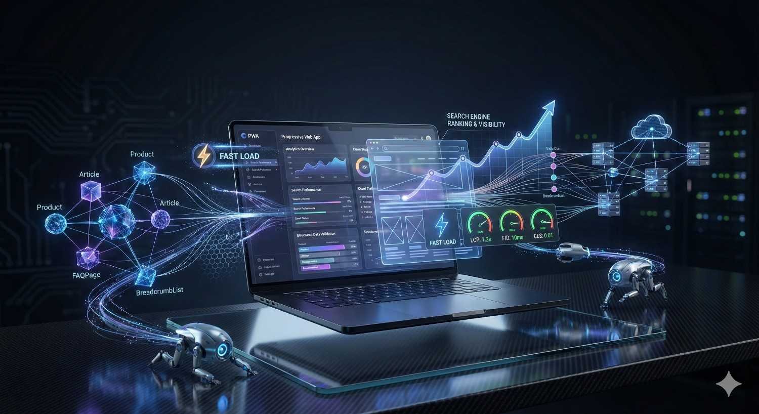 Futuristic laptop displaying SEO dashboard with fast load metrics, search engine ranking growth, structured data elements, and performance analytics. Digital connections flow to cloud servers and small robots, symbolizing technical SEO optimization, speed improvements, and enhanced website visibility.