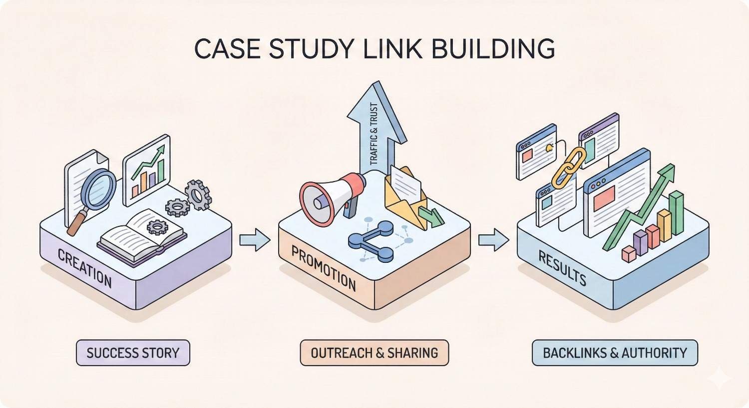 Infographic titled “Case Study Link Building Outreach Strategy” showing workflow from research and data to case study creation, outreach targets, personalized pitch, relationship building, link placement, and resulting growth and authority, with a cycle of create value, promote, measure, and repeat.