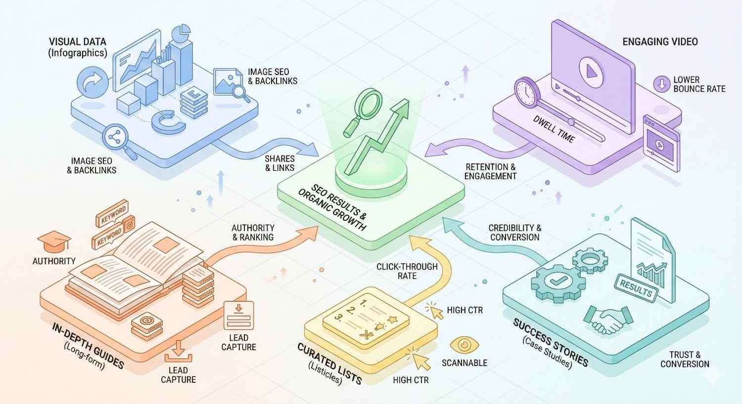 Infographic showing content types—infographics, in-depth guides, curated lists, videos, and case studies—feeding into SEO results and organic growth through clicks, shares, authority, engagement, credibility, and conversions, illustrated with arrows, charts, icons, and labels around a central growth platform