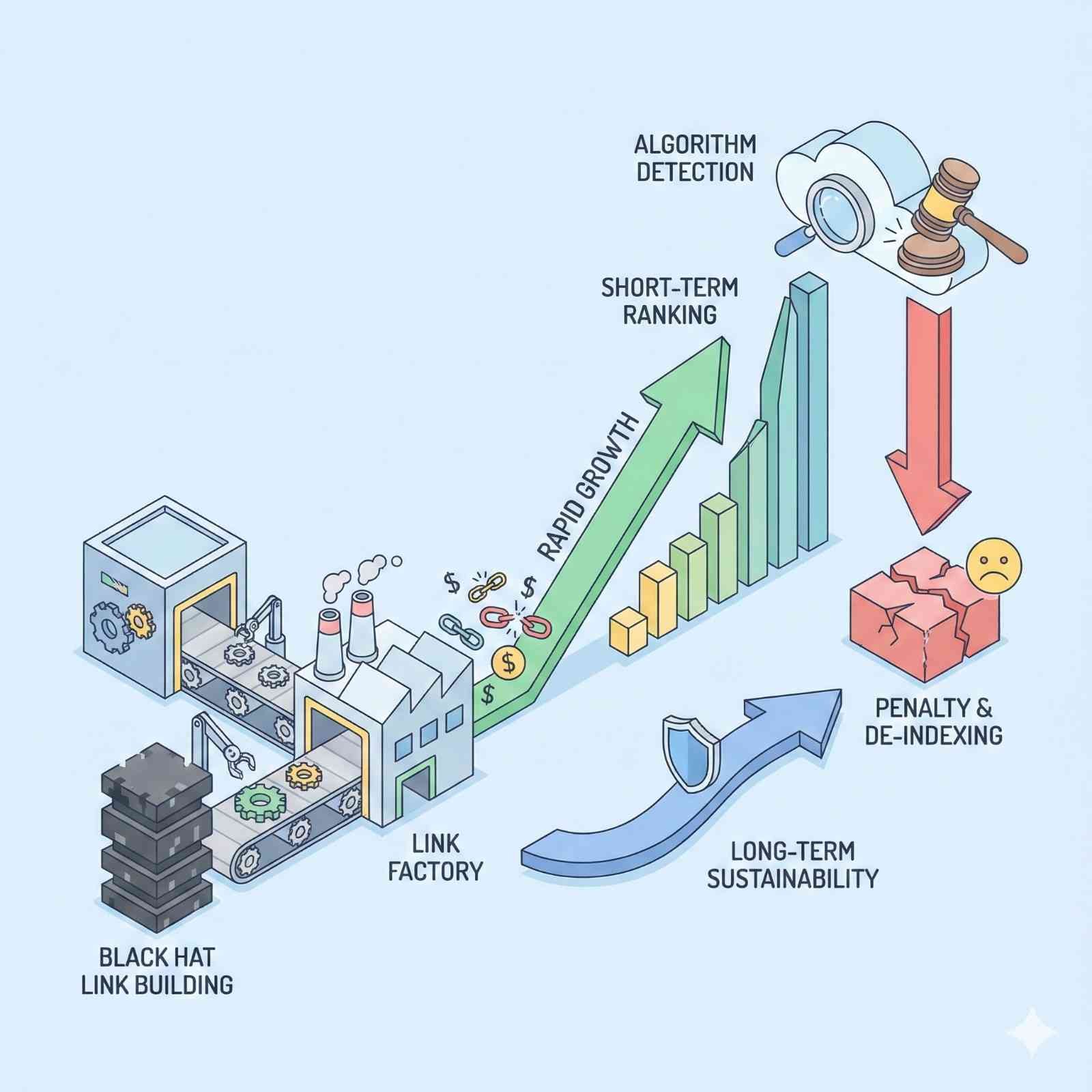 Infographic showing black hat link building as a link factory generating rapid growth and short-term rankings. It highlights algorithm detection leading to penalties and de-indexing, contrasting temporary gains with the need for long-term sustainability in SEO.