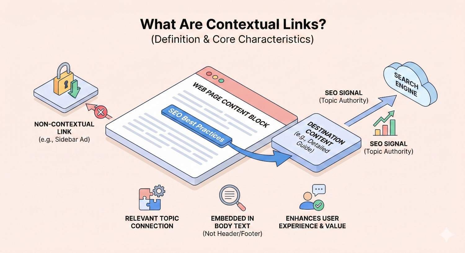 Infographic titled “What Are Contextual Links?” showing a link embedded inside webpage content pointing to related destination content, sending SEO signals to search engines, contrasted with a non-contextual sidebar link, and highlighting relevance, body-text placement, and improved user value.
