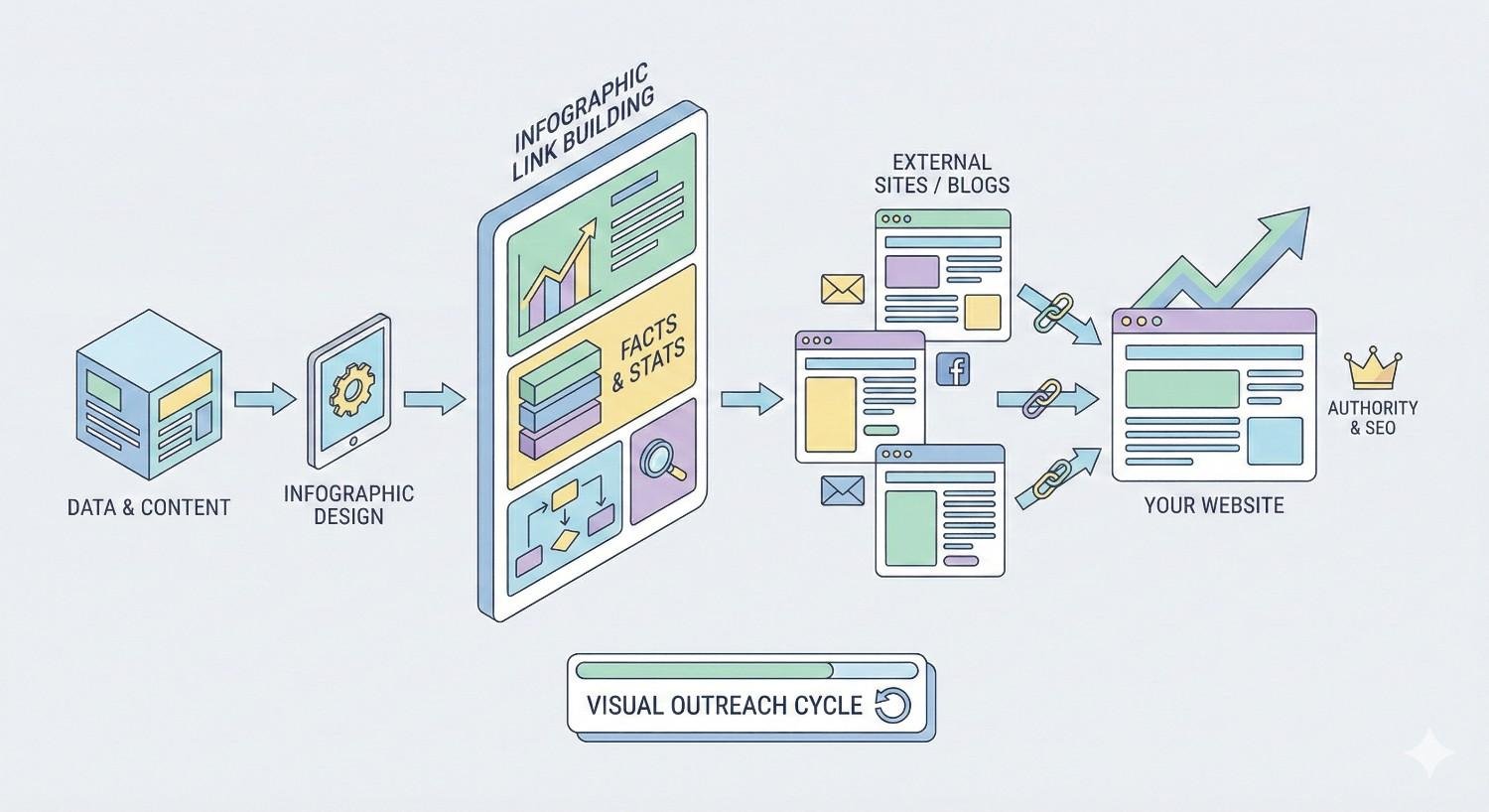 Infographic showing infographic link building process: data and content creation, infographic design, outreach to external sites and blogs, earning backlinks to your website. Arrows illustrate the visual outreach cycle leading to increased authority and improved SEO performance.