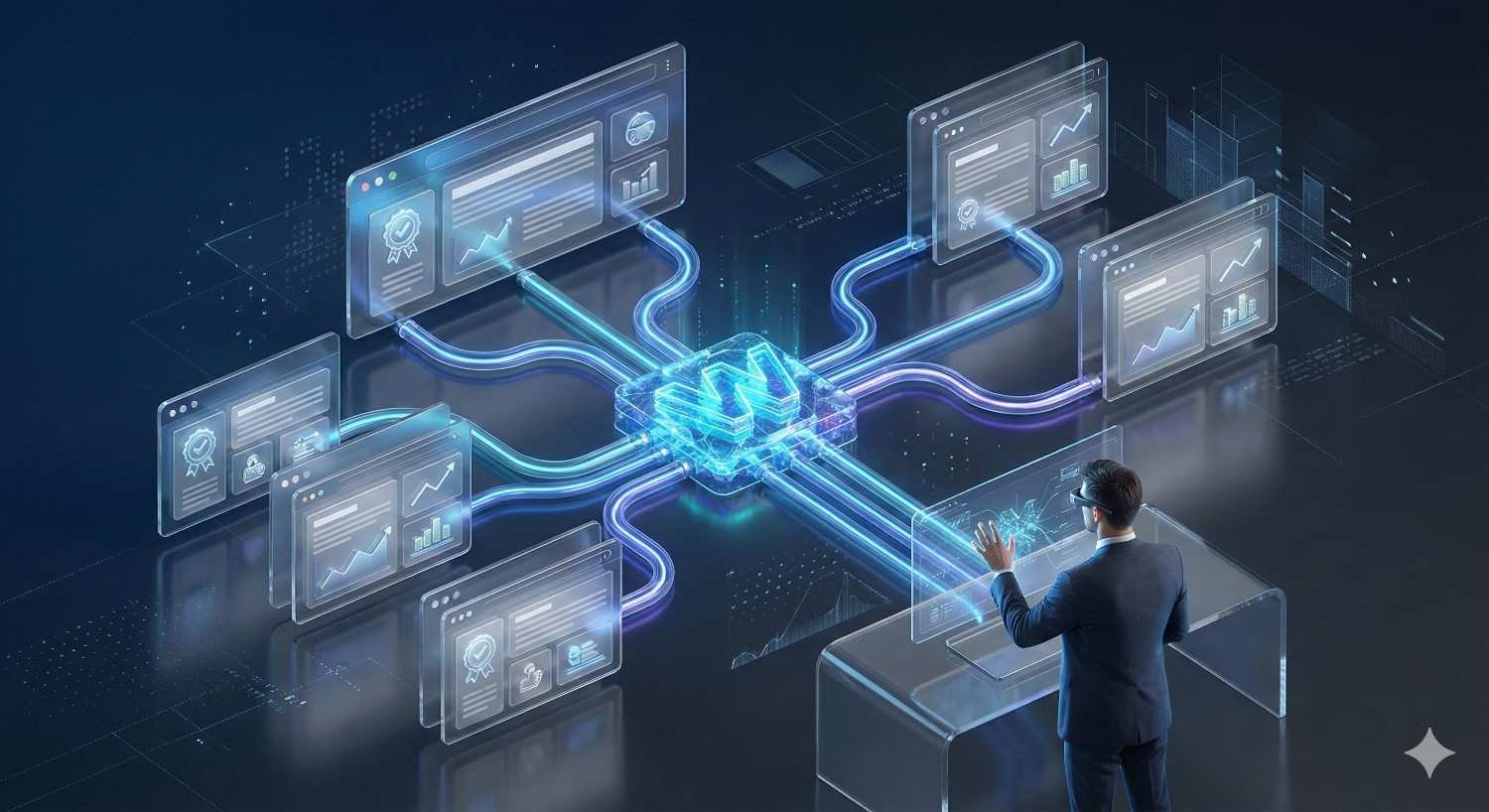 A futuristic illustration shows a business professional using a transparent digital desk to interact with multiple floating analytics dashboards, all connected by glowing data streams to a central AI-like hub, symbolizing data integration, automation, and advanced enterprise technology systems.