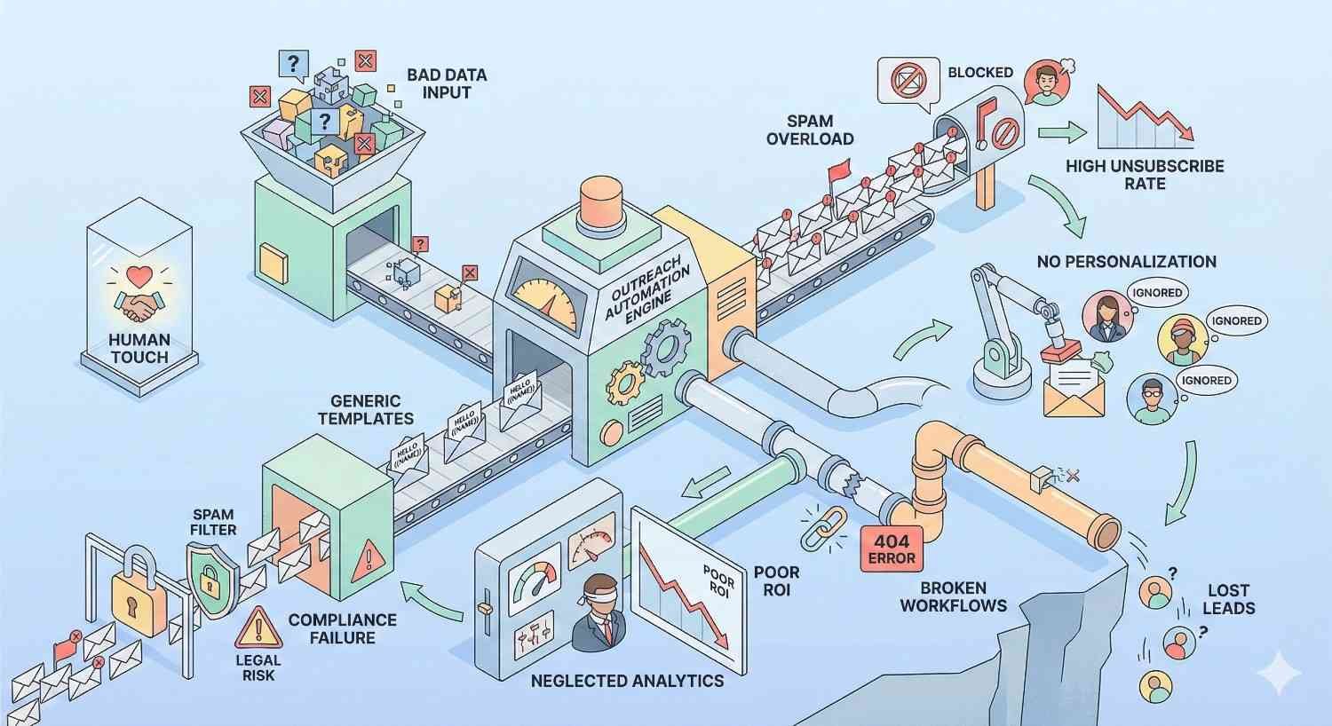 Infographic showing marketing outreach systems: email automation with analytics and keywords, multichannel engagement, AI-powered personalization, and optimization feeding growth, balanced decisions, and conversion results illustrated with charts, robots, arrows, and scale icons.
