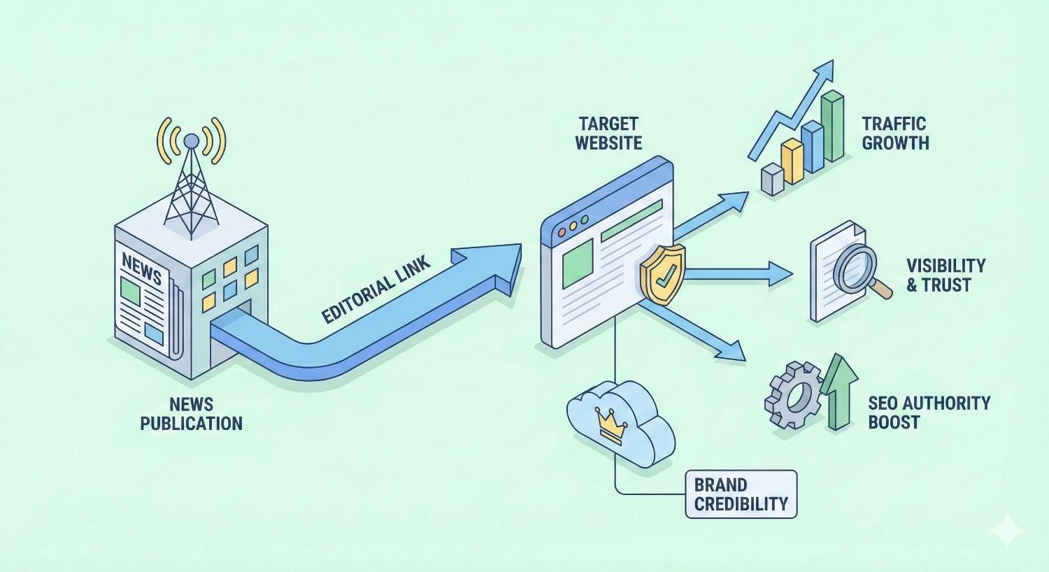 Infographic showing a news publication sending an editorial link to a target website, which then leads to traffic growth, improved visibility and trust, SEO authority boost, and stronger brand credibility, illustrated with arrows, charts, shields, and icons on a green background.