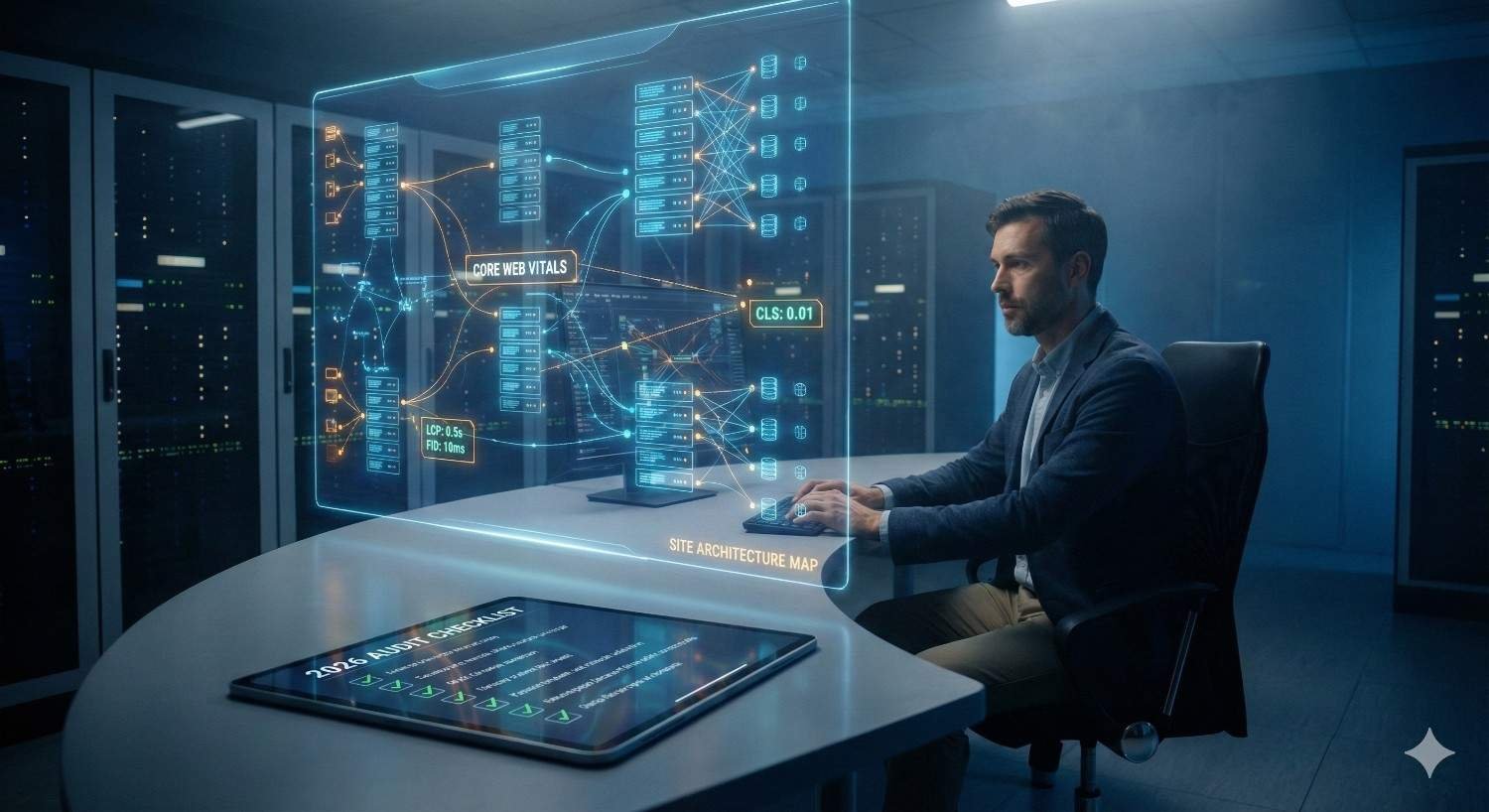 A professional reviewing a futuristic technical SEO interface displaying Core Web Vitals, site architecture maps, and performance metrics in a secure data center, highlighting advanced website optimization, analytics, and infrastructure-focused SEO analysis.