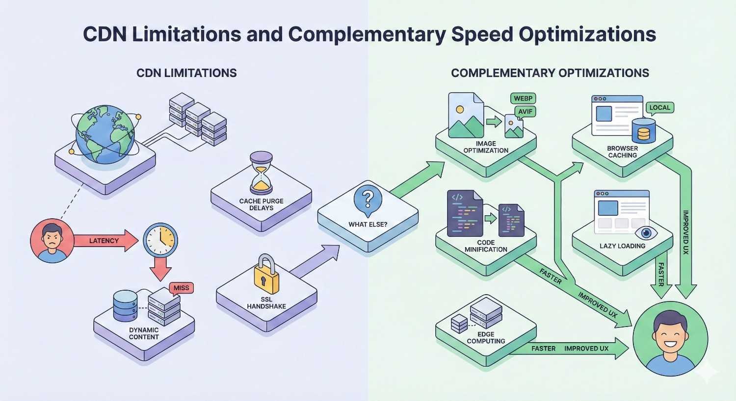 Infographic titled “CDN Limitations and Complementary Speed Optimizations.” Left side shows CDN limits like latency, cache purge delays, dynamic content misses, and SSL handshake. Right side highlights optimizations including image compression (WebP/AVIF), browser caching, code minification, lazy loading, and edge computing to improve performance and user experience.