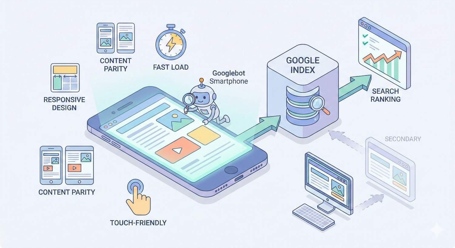 Illustration of mobile-first indexing: a smartphone with website content is crawled by a Googlebot robot, sending data to a Google Index database and boosting search ranking. Icons highlight responsive design, content parity, fast loading, and touch-friendly features, with desktop shown as secondary.