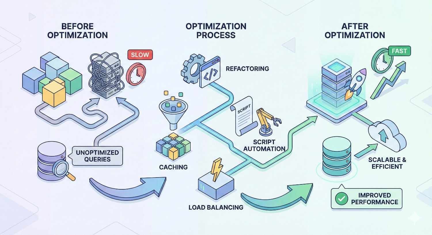 Infographic showing performance improvement workflow: before optimization with slow, unoptimized queries; optimization process including refactoring, caching, script automation, and load balancing; and after optimization with fast response, scalable infrastructure, and improved overall performance.