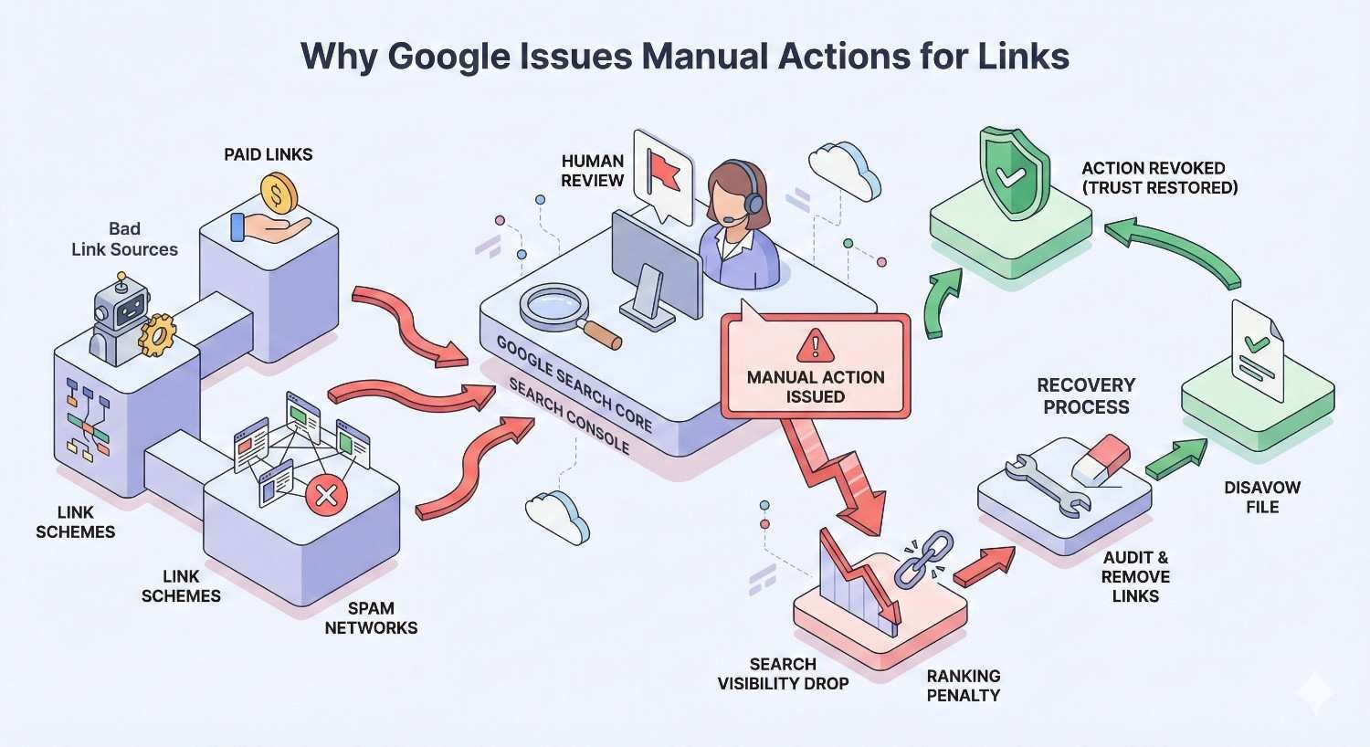 Infographic titled “Why Google Issues Manual Actions for Links” showing paid links, spam networks, and link schemes reviewed by humans, triggering penalties and ranking drops, followed by audits, link removal, disavow files, recovery processes, and restored trust.