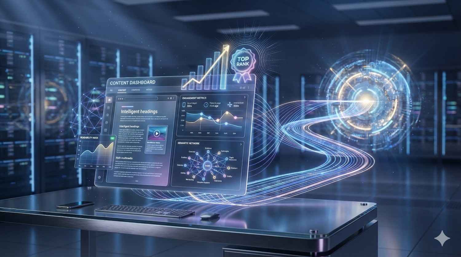 Futuristic office scene with a floating digital content dashboard showing charts, intelligent headings, SEO metrics, and a rising “Top Rank” badge, while glowing data streams flow toward a circular holographic hub, suggesting analytics-driven content optimization and search performance growth.