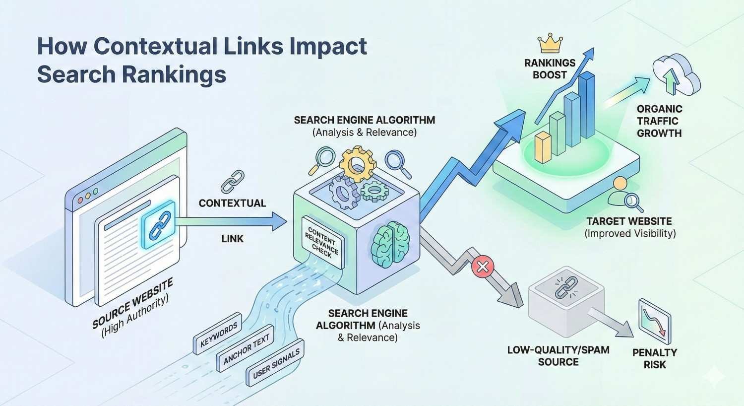 Infographic titled “How Contextual Links Impact Search Rankings” showing a high-authority source website sending a contextual link through search engine analysis, boosting target site rankings and organic traffic, while low-quality sources lead to penalties, illustrated with arrows, charts, gears, and icons.