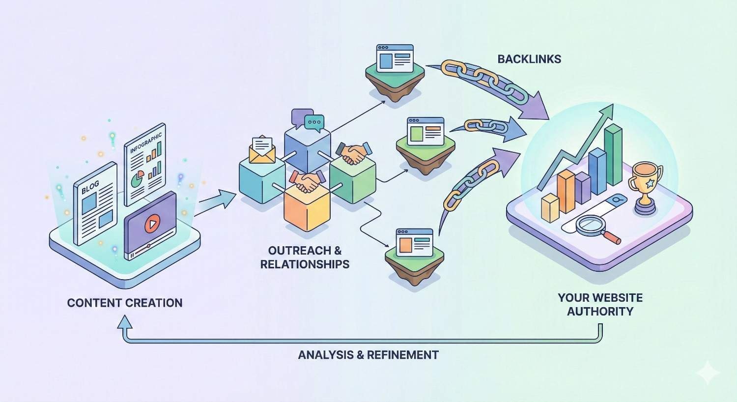 Infographic showing the link building process: content creation leads to outreach and relationship building, generating backlinks from external sites. These links boost your website authority and rankings, followed by ongoing analysis and refinement to improve SEO performance.