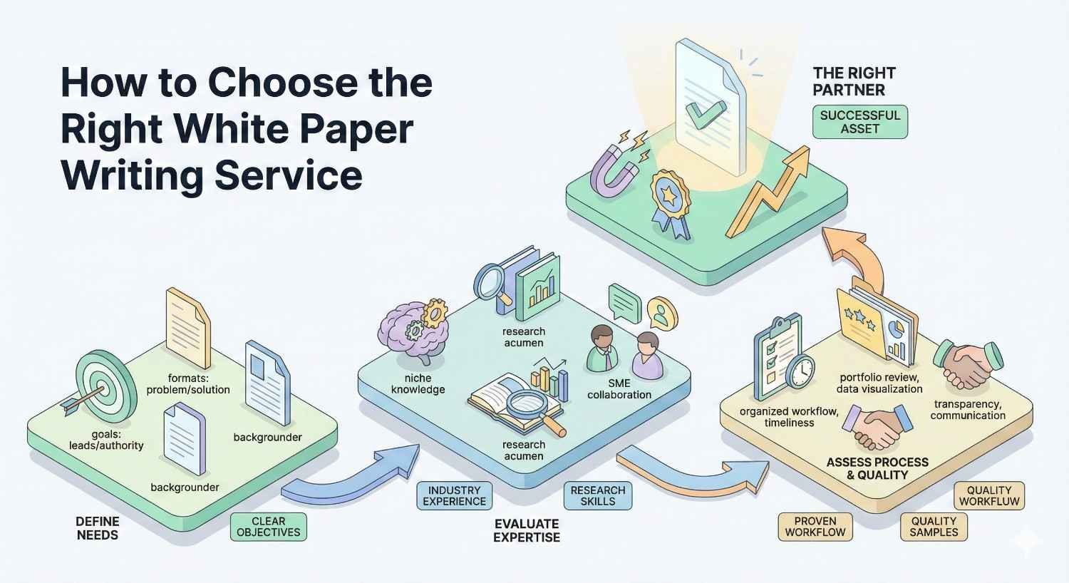 An infographic titled “How to Choose the Right White Paper Writing Service” shows steps to define needs, evaluate expertise, assess process and quality, and select the right partner, highlighting research skills, SME collaboration, clear objectives, transparency, proven workflows, and successful outcomes.