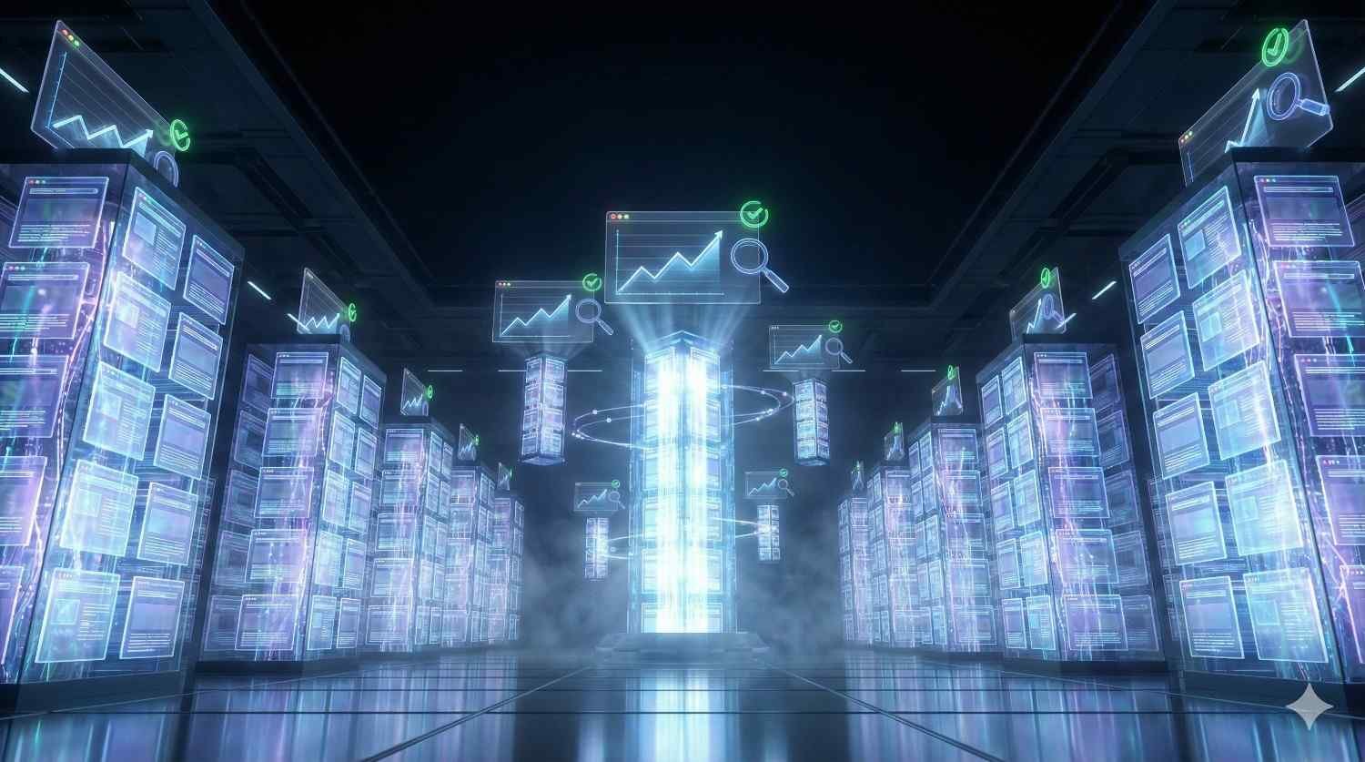 Futuristic digital data center with glowing server racks on both sides and a bright central core. Floating holographic screens display analytics charts, search icons, and upward-trending graphs, symbolizing SEO performance, data processing, AI technology, and digital growth in a high-tech environment.