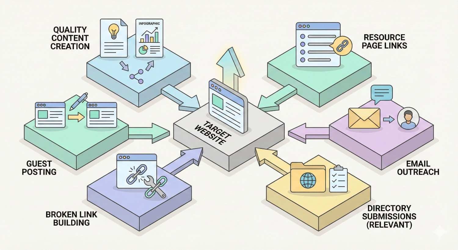 Infographic showing link building strategies around a target website, including quality content creation, guest posting, broken link building, resource page links, email outreach, and relevant directory submissions. Arrows indicate backlinks flowing from each tactic to strengthen the website’s SEO authority and visibility.