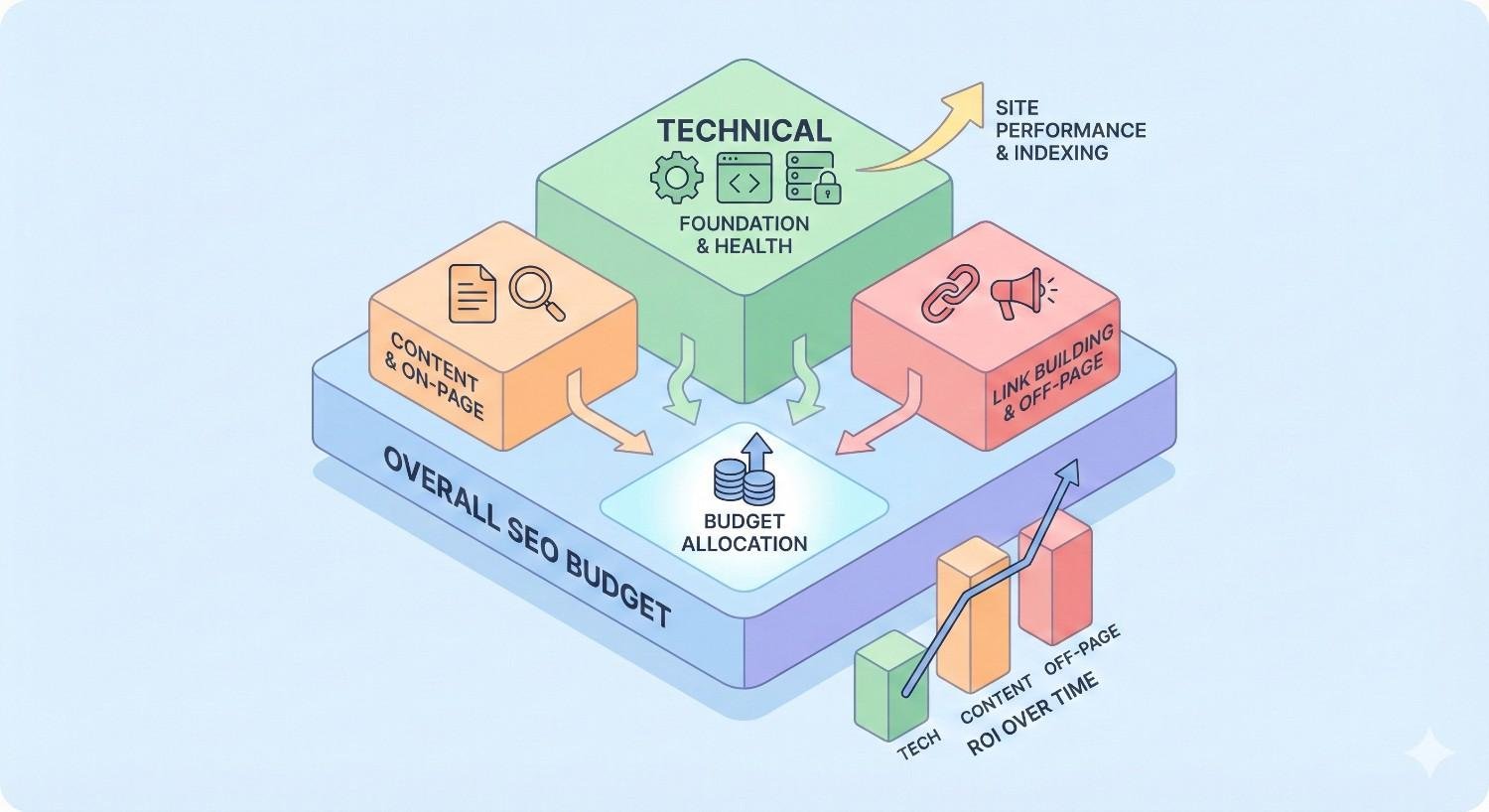 An isometric SEO budget diagram shows technical SEO as the foundation, supporting content and link building. Budget allocation flows across pillars, improving site performance and indexing. A small chart illustrates ROI over time, with technical SEO delivering strong, sustained returns within the overall SEO strategy.