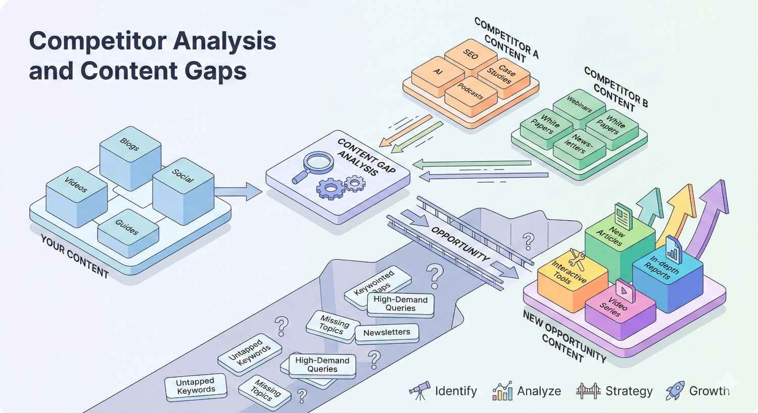 An infographic titled “Competitor Analysis and Content Gaps” shows your content compared with competitors, feeding into gap analysis and opportunity mapping that identifies missing topics and keywords, leading to new content formats like articles, videos, tools, and reports for growth.