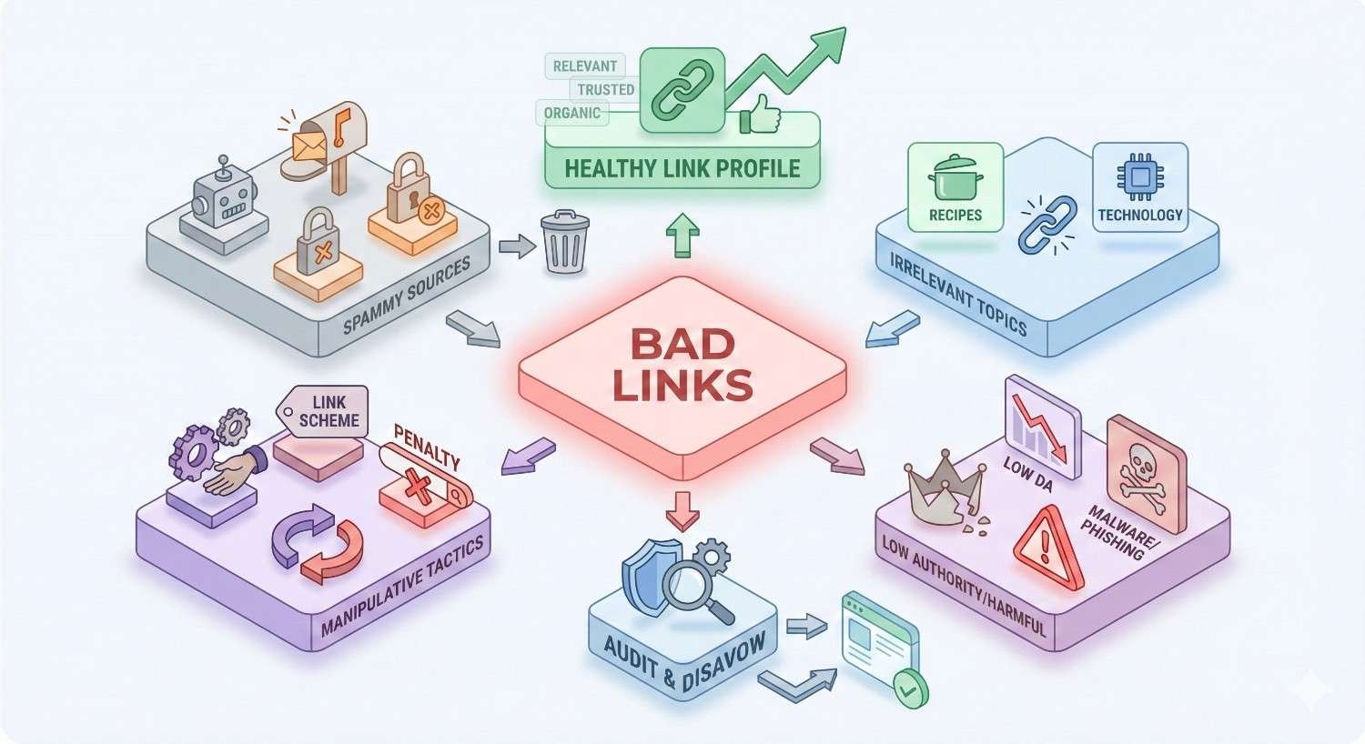 Infographic centered on “Bad Links,” showing spammy sources, link schemes, irrelevant topics, low authority, and malware risks. It contrasts these with a healthy link profile of relevant, trusted, organic links and highlights the need to audit and disavow harmful backlinks to avoid penalties.