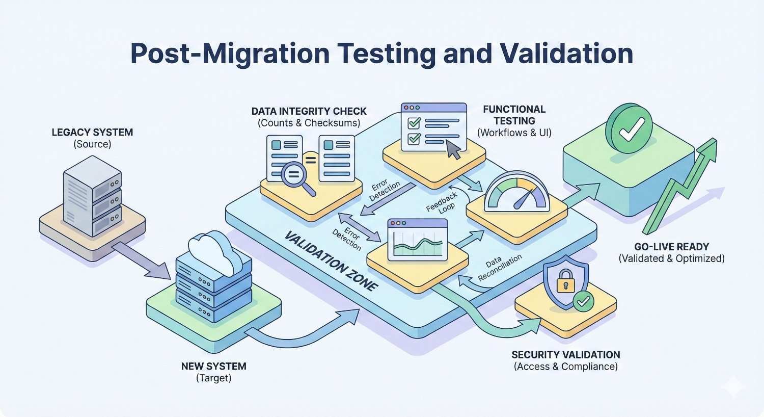 Infographic titled “Post-Migration Testing and Validation” showing data migration from legacy to new system through a validation zone. It highlights data integrity checks, functional testing, error detection, security validation, reconciliation, and final go-live readiness with optimized performance and compliance.