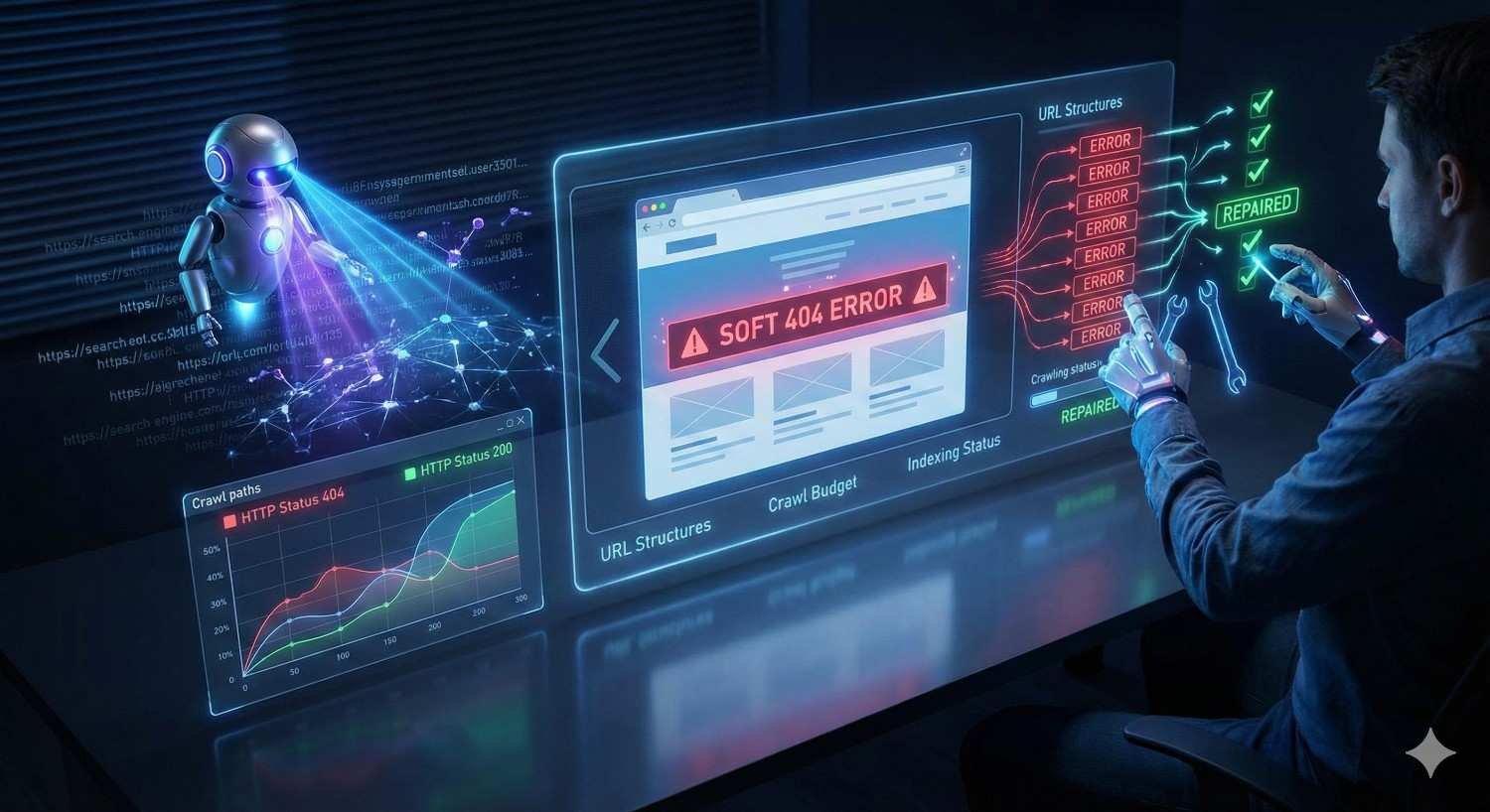 Futuristic scene of a man analyzing a “Soft 404 Error” on a large holographic screen. An AI robot projects crawl data, HTTP status graphs, and URL structures. Red error alerts turn to green repaired checks as he fixes indexing issues, symbolizing technical SEO optimization and site recovery.