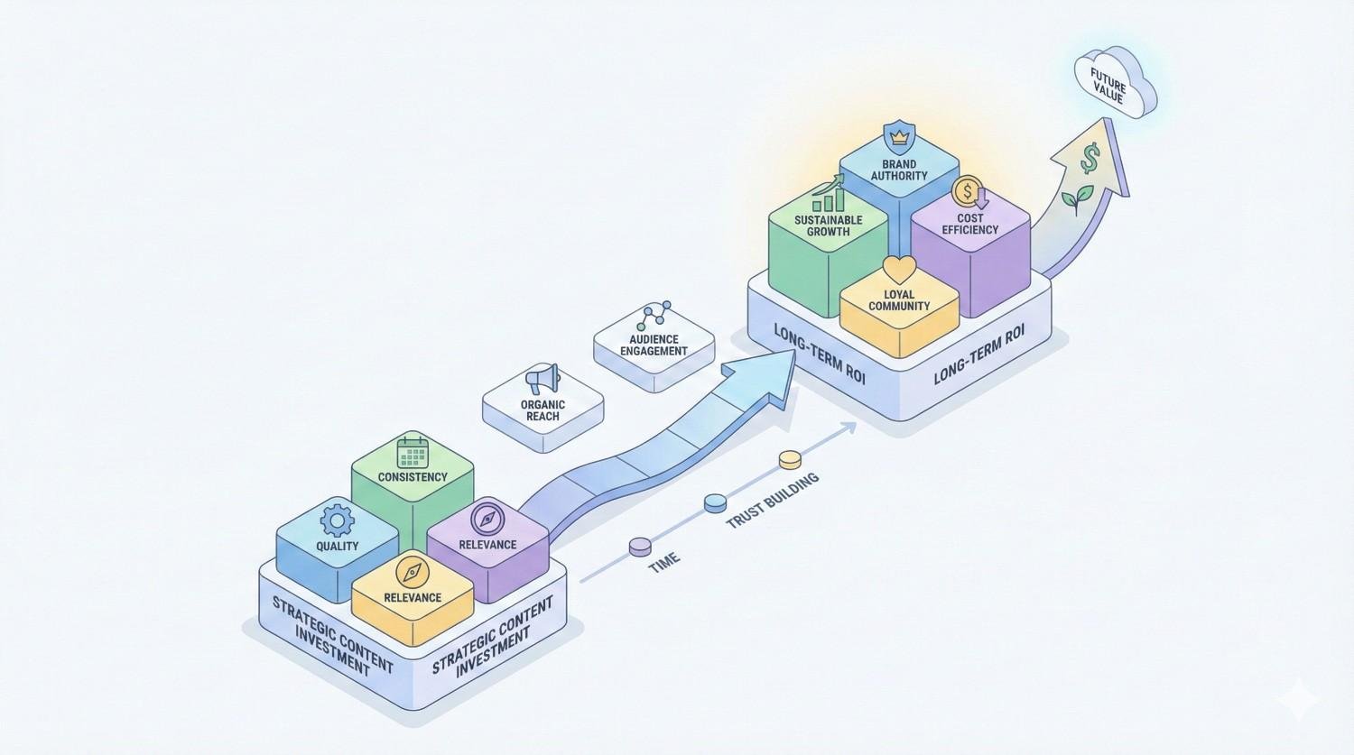 Diagram showing strategic content investment flowing upward over time through relevance, quality, and consistency to organic reach and audience engagement, then toward long-term ROI, trust building, sustainable growth, brand authority, cost efficiency, loyal community, and future value, illustrated with arrows, blocks, and icons.