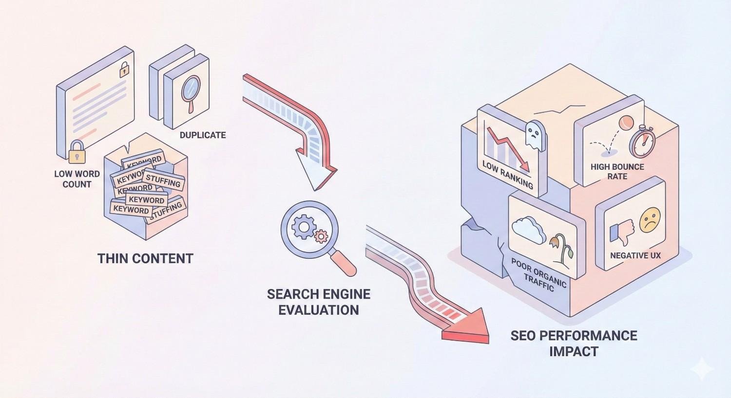 Illustration showing thin content issues—low word count, duplicate text, and keyword stuffing—leading to search engine evaluation and negative SEO impact. Arrows connect to outcomes like low rankings, high bounce rate, poor organic traffic, and negative user experience, using simple block-style graphics and icons.