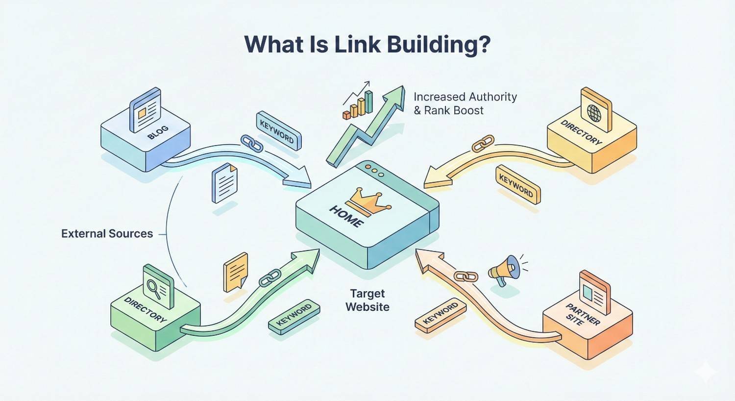 Infographic titled “What Is Link Building?” showing external sources like blogs, directories, and partner sites linking to a target website homepage. Arrows with keyword anchors illustrate backlinks that increase authority and boost search rankings.