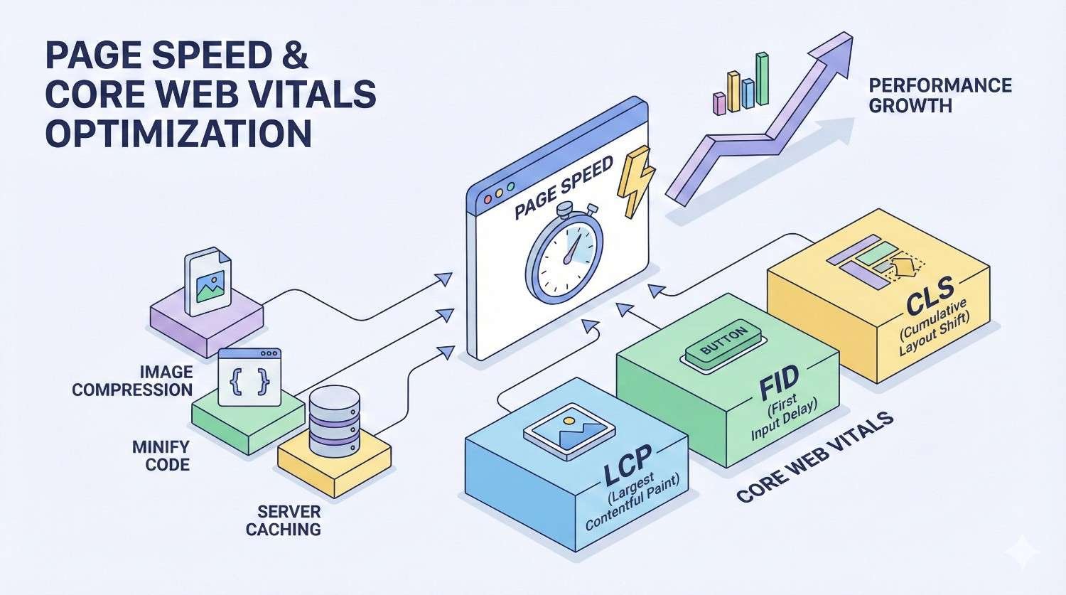 Isometric illustration of page speed and Core Web Vitals optimization, showing image compression, code minification, and server caching improving page speed metrics like LCP, FID, and CLS, leading to better performance, faster loading pages, and overall website performance growth.